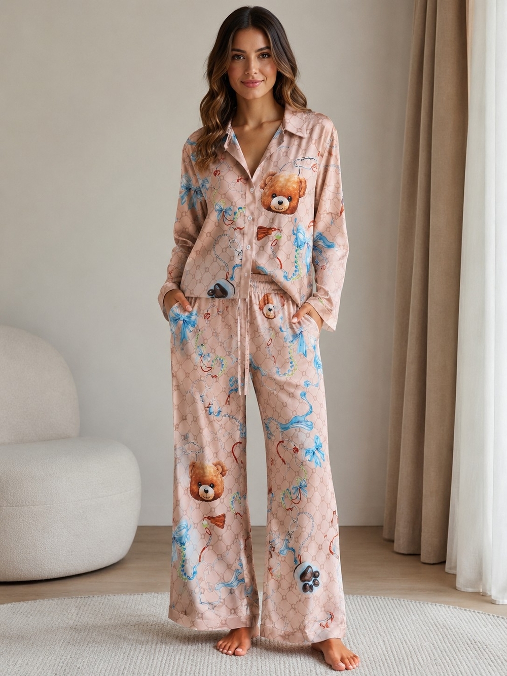 Endless Moon Wide-Leg Pink Teddy-Print Pajama Pants